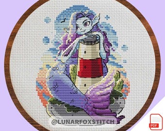 Sunset dreams mermaid cross stitch pattern - sea nature magic fantasy fairy embroidery (PDF Download)