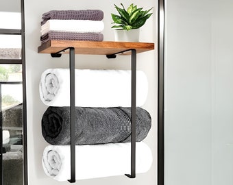 Floating Bath Towel Storage Rack, Bathroom Storage, Bathroom Organizer, Wall Mounted Towel Storage Rack, Black Iron, Wood, Floating Shelf