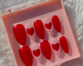 Red Valentine's Day Press On Nails/ Heart Press on Nails/ Nails/ Vday Nails