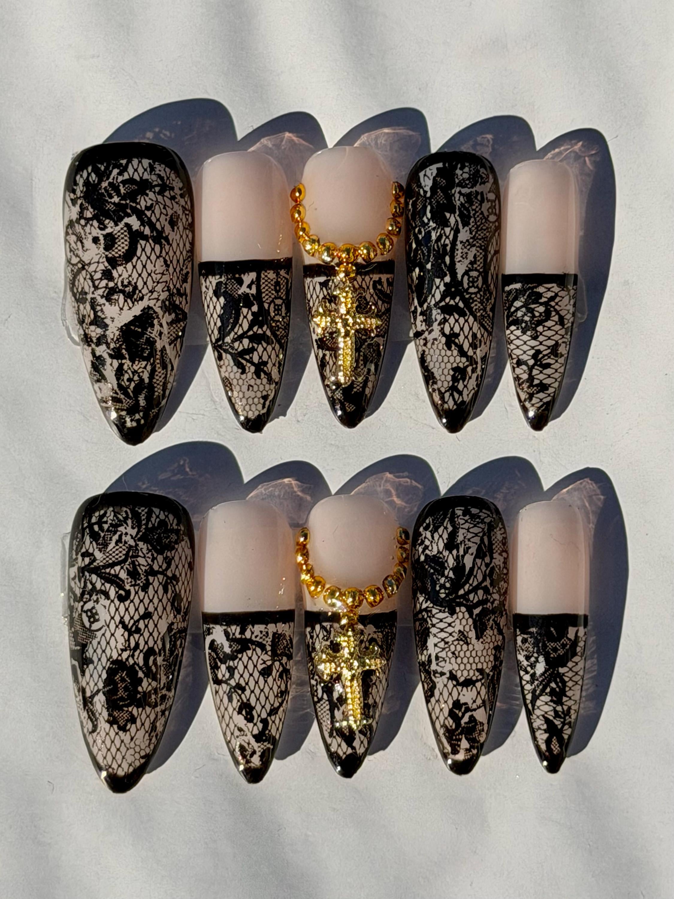 Black Lace Press on Nails | Gold Cross Charm Lace Nails | Goth Wedding Bla
ck Lace Press on Nails | Gold Cross Charm Lace Nails | Goth Wedding