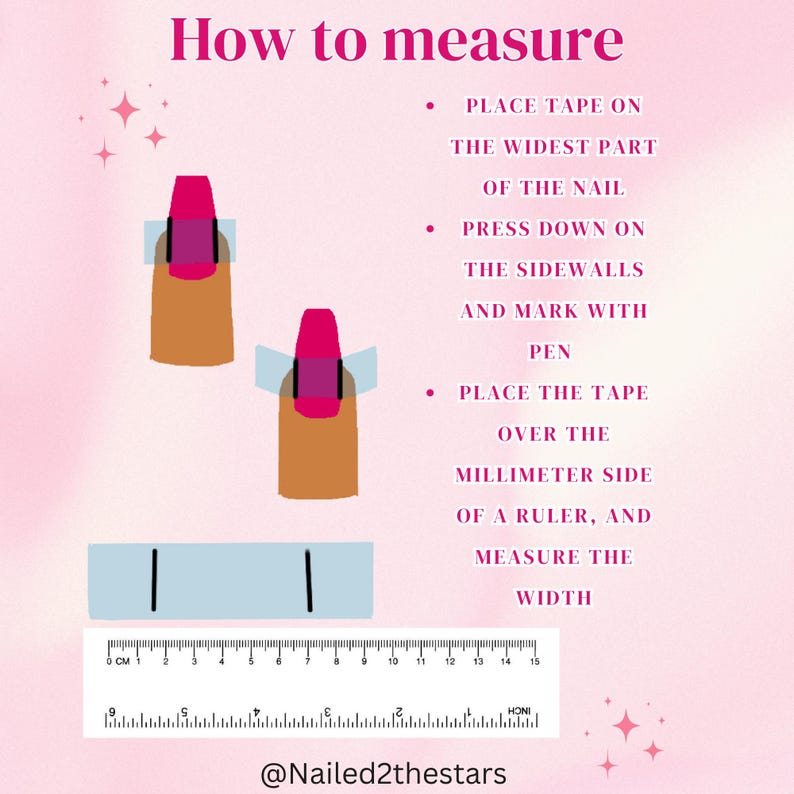 May include: A diagram showing how to measure the width of a nail using a ruler and tape measure. The instructions say to place the tape on the widest part of the nail, press down on the sidewalls and mark with a pen, then place the tape over the millimetre side of a ruler and measure the width.