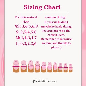May include: Sizing chart for press-on nails with measurements in millimetres. The chart shows nine different nail sizes, ranging from 8mm to 18mm. The chart also includes a section for custom sizing, where customers can provide their own measurements.