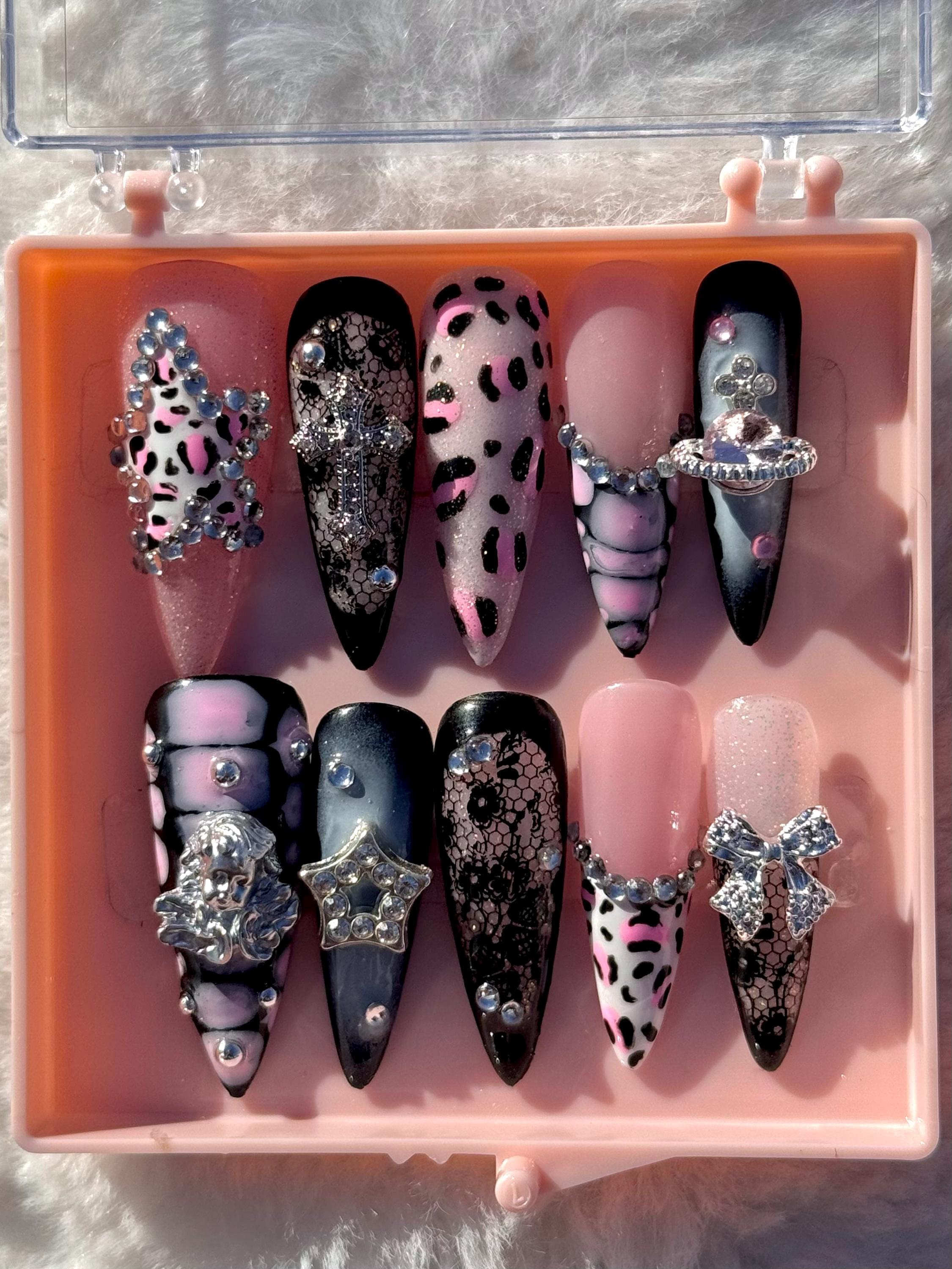 Y2K Grunge Leopard Print Press on Nails: With Aura and Charms - Etsy