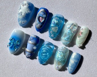 Custom Blue Press On Nail Set: Ocean hues with 3D elements Press On Nails