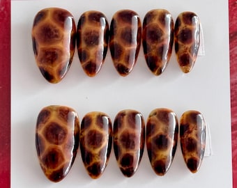 Tortoise Shell Press On Nails | Brown and Orange Nails | Y2K Reusable Nail Set | Custom Tortoise Shell Design