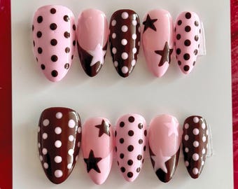 Pink and Brown Polka Dot Star Press On Nails | Custom Star Nails | Cute Reusable Nails | Glue On Nails | Polka Dot Nails
