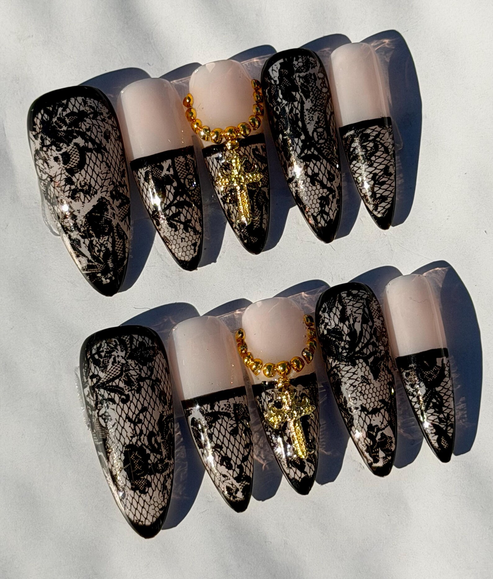 Black Lace Press on Nails | Gold Cross Charm Lace Nails | Goth Wedding Black Lace Press on Nails | Gold Cross Charm Lace Nails | Goth Wedding
