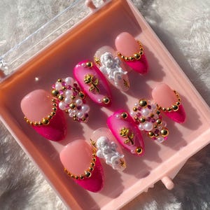 Pink Angel Press On Nails/ Glitter Pink Nails/ Gold Nail Charm Accents/ Valentine&#39;s Day Nails/  Reusable Custom Nails