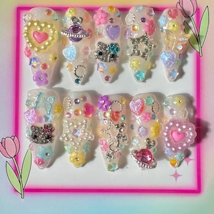 Colorful Custom Press On Nails/ Fake nails / Gel Nails / Almond Nails/ Nails With Charms