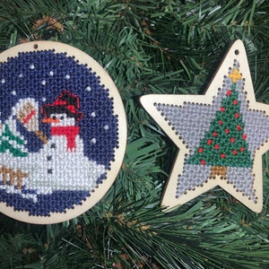 Cross-Stitched Wooden Winter Holiday Ornaments