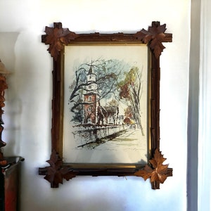 Vintage Framed Picture, Bruton Parish Church, John Haymson Watercolor, Adirondack Carved Frame