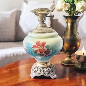 Antique Hand Painted Glass Table Lamp, Victorian Parlor Lamp, 1900&#39;s