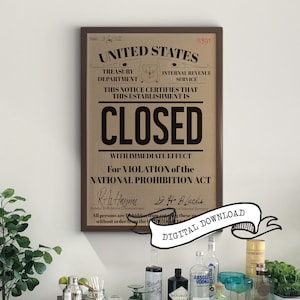 Enorme póster artístico de AVISO DE PROHIBICIÓN CERRADO, impresión retro descargable de Speakeasy, contrabandista El Gran Gatsby, decoración de bar imprimible para fiesta de los años 20