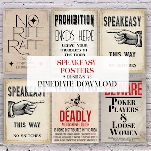 5 carteles de fiesta de bar clandestino, impresiones descargables vintage grandes en tamaño A3, aviso de prohibición de contrabandistas de El Gran Gatsby, decoración de Peaky Blinders.