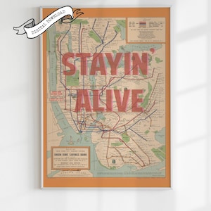 STAYIN' ALIVE vintage NYC Karte digitaler Download, Riso Siebdruck Druck, Retro Pop Art Wanddekor, Geschenk für Musikliebhaber der 70er Jahre.