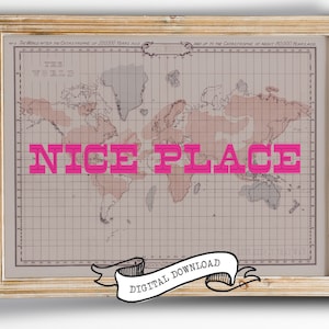 大きなNICE PLACE PINKの世界地図ウォールアートプリント、印刷可能なスクリーンプリントデジタルタイポグラフィ、ダウンロード可能なアンティーク地図ポスターアートワーク