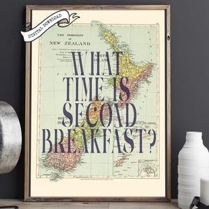 Tipografia "SECONDA COLAZIONE" su mappa vintage della Nuova Zelanda, stampabile ispirato ai viaggi, decorazione murale Hobbit retrò, regalo esclusivo Kiwi del Signore degli Anelli