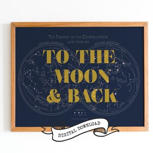 Vintage Gelb bis zum MOON and BACK Typografie ConSTELLATION Druck, digitale Illustration, Sternenhimmel Sternzeichen Kunstwerk, anpassbare Kunst
