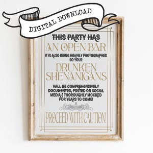 OPEN BAR LET OP grappige art-decoposter, downloadbare print uit de jaren 1920, Roaring 20s Speakeasy Bar Cart-kunstwerk, afdrukbaar Gatsby-decor