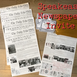 May include: A vintage-style newspaper invite for a speakeasy party. The newspaper headline reads "Crackdown on Illicit Drinking Dens". The invite features a vintage design with a yellowed paper texture and black and white photos.