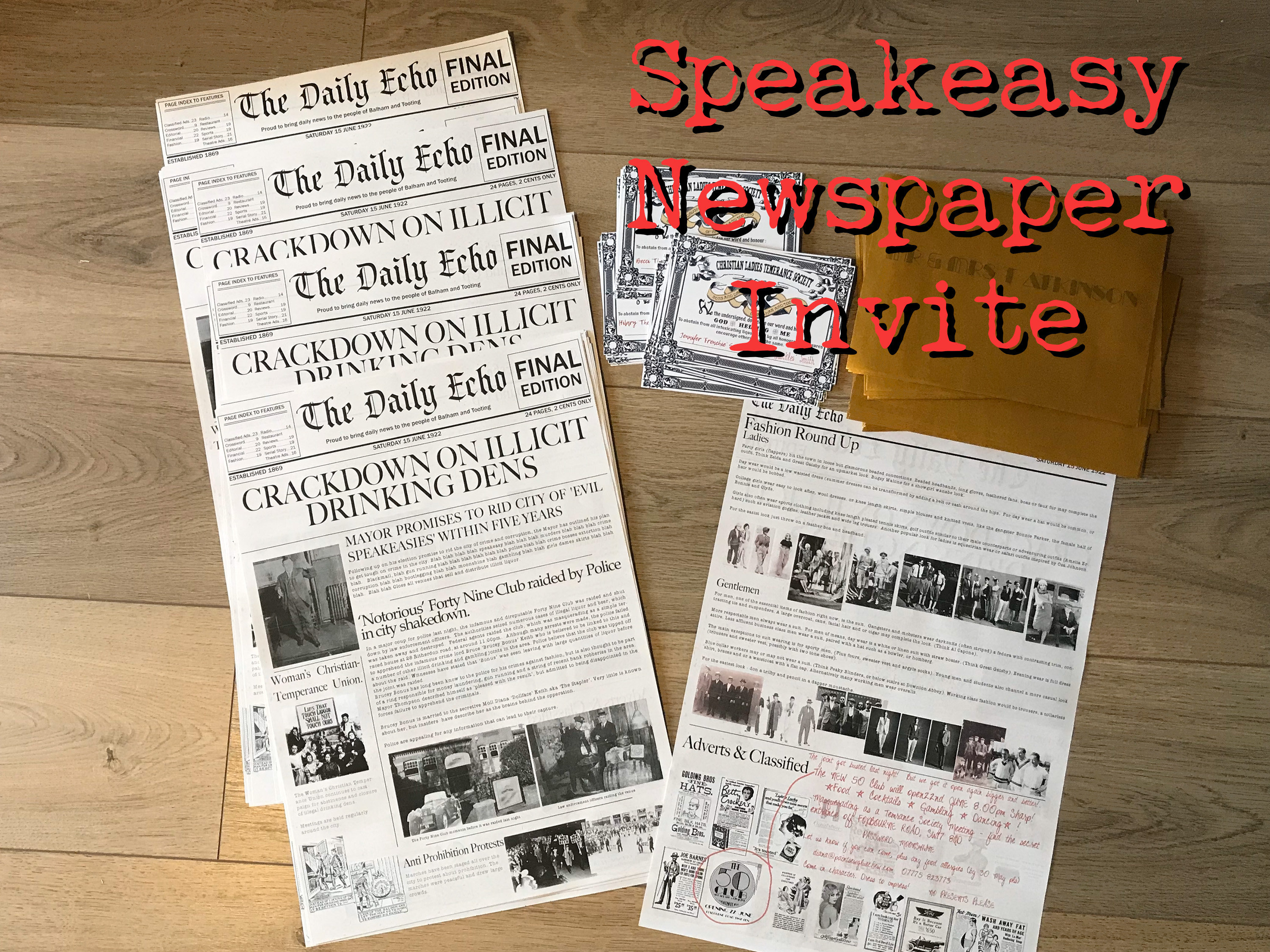 Aangepaste Speakeasy-krantuitnodiging uit de jaren 1920: vintage volledig bewerkbaar ontwerp (digitale download)