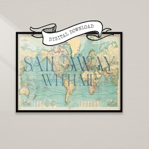 SAIL AWAY Vintage WORLD Map Wandkunst, Siebdruck-Stil, Retro Wohndekor, einzigartiges Geschenk, Reise-inspiriert, digitales Sofort-Download-Poster.