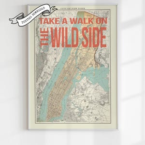 WALK on the WILD SIDE ビンテージ マンハッタン NYC マップ デジタル ダウンロード、スクリーン プリント スタイルの歌詞 USA ウォール アート、音楽愛好家へのユニークなギフト。