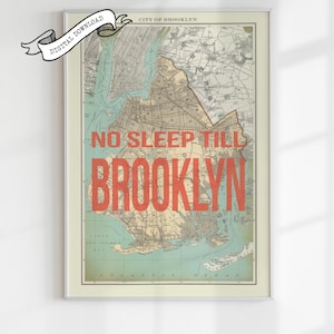 NO SLEEP 'Til BROOKLYN carte de New York en téléchargement numérique vintage, art mural rétro imprimable, décoration inspirée du hip-hop, cadeau unique pour amateur de musique.