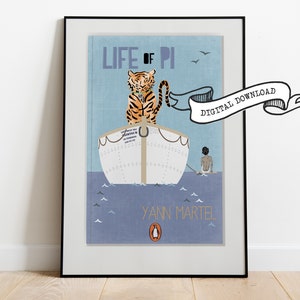 Pode incluir: Um cartaz de download digital com uma ilustração azul e branca de um bote salva-vidas com um tigre sentado em cima. O texto "LIFE OF PI" está no topo do cartaz. Uma pequena figura de uma pessoa está na água atrás do bote salva-vidas. O texto "DIGITAL DOWNLOAD" está em uma faixa no topo do cartaz. O texto "YANN MARTEL" está na parte inferior do cartaz.