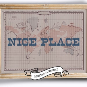 大きなNICE PLACE BLUEの世界地図ウォールアートプリント、印刷可能なスクリーンプリントデジタルタイポグラフィ、ダウンロード可能なアンティーク地図ポスターアートワーク