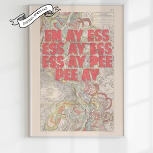 BEAU PASTEL M-I-S-S-I-S-S-I-P-P-I superposition illustration vintage de carte du Mississippi, décoration du sud des États-Unis, art mural imprimable inspiré des voyages.