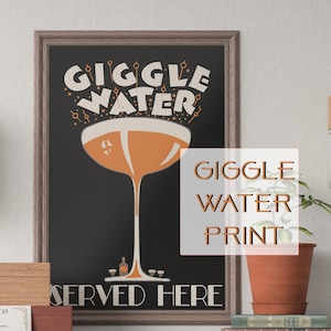 Duży plakat artystyczny GIGGLE WATER, retro wydruk do pobrania z lat 20. XX wieku, grafika z baru Speakeasy z lat 20. XX wieku, drukowany wystrój baru z motywem Gatsby'ego