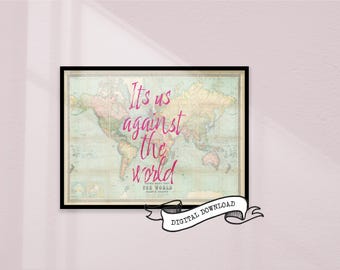 Impresión tipográfica de mapa del mundo vintage: Letras de Coldplay, arte mural romántico (descarga digital)