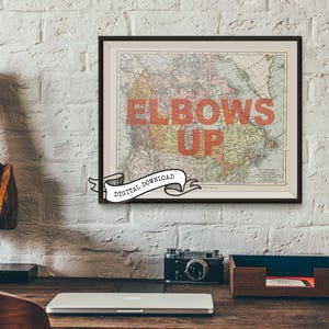 ELBOWS UP ヴィンテージ カナダ地図 ウォールアート スクリーンプリントスタイル レトロなホームデコレーション ユニークなギフト 旅行風 デジタルインスタントダウンロードポスター