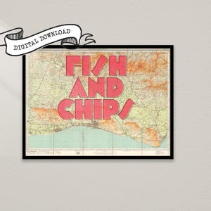 Carte d'art mural vintage FISH and Chips BRIGHTON, style sérigraphie, maison rétro, cadeau unique inspiré des voyages, téléchargement numérique instantané