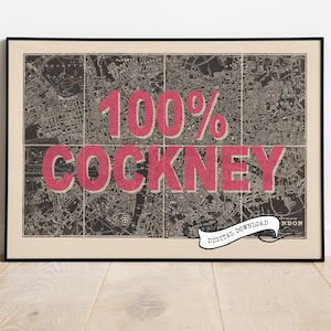 CARTE DE LONDRES vintage COCKNEY, impression de style sérigraphie typographie, téléchargement rétro, cadeau d'art mural unique pour touristes, expatriés et résidents