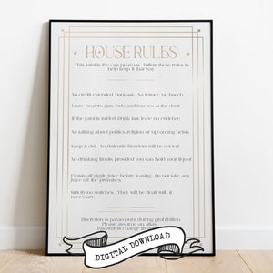 Speakeasy-huisregels art-decoprint: Gatsby Prohibition Bar-decor uit de jaren 1920 (digitale download)