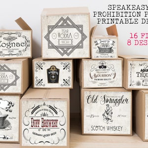 8 Speakeasy booze crate prohibition labels.  Printable party decor *downloadable* Roaring 20s peaky blinders gangster party decoration.