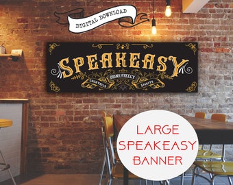 May include: A black and gold vintage-style banner with the text "Speakeasy" in a decorative font. The banner also includes the text "Drink Freely" and the words "Cocktails" and "Spirits" on either side of the text. The banner is hanging on a brick wall in a bar or restaurant setting.
