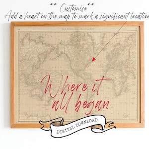 Impression cartographique vintage WHERE it ALL BEGAN, affiche de carte typographique numérique, oeuvre d'art, souvenir de lieu pour fiançailles, mariage, maison de naissance.