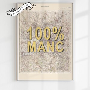CARTE DE MANCHESTER vintage du MANC, impression de style sérigraphie typographie, téléchargement rétro, cadeau d'art mural unique pour touristes, expatriés et résidents