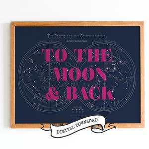 Vintage Pink to the MOON and BACK Typografie CONSTELLATION Plakat, digitale Illustration, Sternenhimmel-Sternzeichenkunstwerk, anpassbarer Druck