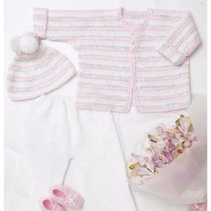 Baby Cardigan Crochet Pattern With Pants, Bootees & Hat DK / 8 Ply Yarn 0 to 12 months Baby Girls Boys 16 to 22 ins PDF Pattern