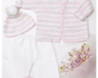 Baby Cardigan Crochet Pattern With Pants, Bootees & Hat DK / 8 Ply Yarn 0 to 12 months Baby Girls Boys 16 to 22 ins PDF Pattern