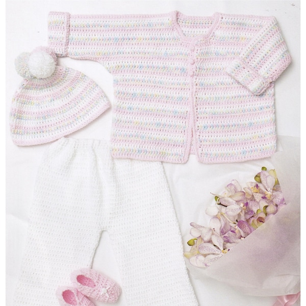 Baby Cardigan Crochet Pattern With Pants, Bootees & Hat DK / 8 Ply Yarn 0 to 12 months Baby Girls Boys 16 to 22 ins PDF Pattern