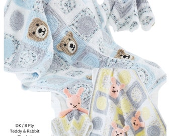 Crochet Pattern for Baby Blanket & Toy Comforter Teddy and Bunny Rabbit Blanket DK / 8 Ply Yarn Granny Square PDF Pattern