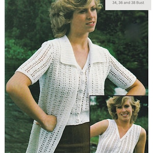 May include: A crochet pattern for a white sleeveless top and a white cardigan with a collar. The pattern is for sizes 34, 36, and 38 bust. The pattern is called "Twilleys Stalite Pattern" and is made with No. 3 thread.