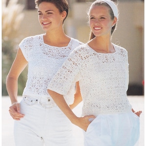 May include: Two women wearing white crochet tops. The tops have a delicate, lacy pattern. The text on the image reads "CROCHET 4 Ply / Fingering Yarn 32/36 & 38/42 ins".