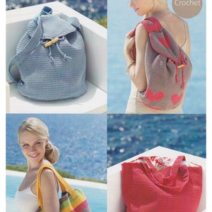 May include: Three crocheted bags in different colors and styles. A light blue backpack with a wooden toggle, a brown backpack with pink hearts, and a red tote bag with a floral lining.