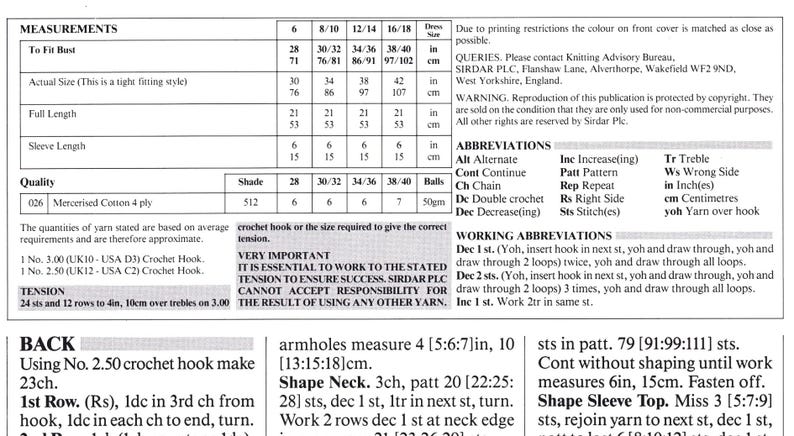 Peut inclure: Un mod&egrave;le de crochet pour un dos, des emmanchures, un col et un haut de manche. Le mod&egrave;le comprend des instructions pour l'utilisation d'un crochet de 2,50 et de fil de coton merceris&eacute;. Le mod&egrave;le comprend &eacute;galement des mesures pour diff&eacute;rentes tailles.